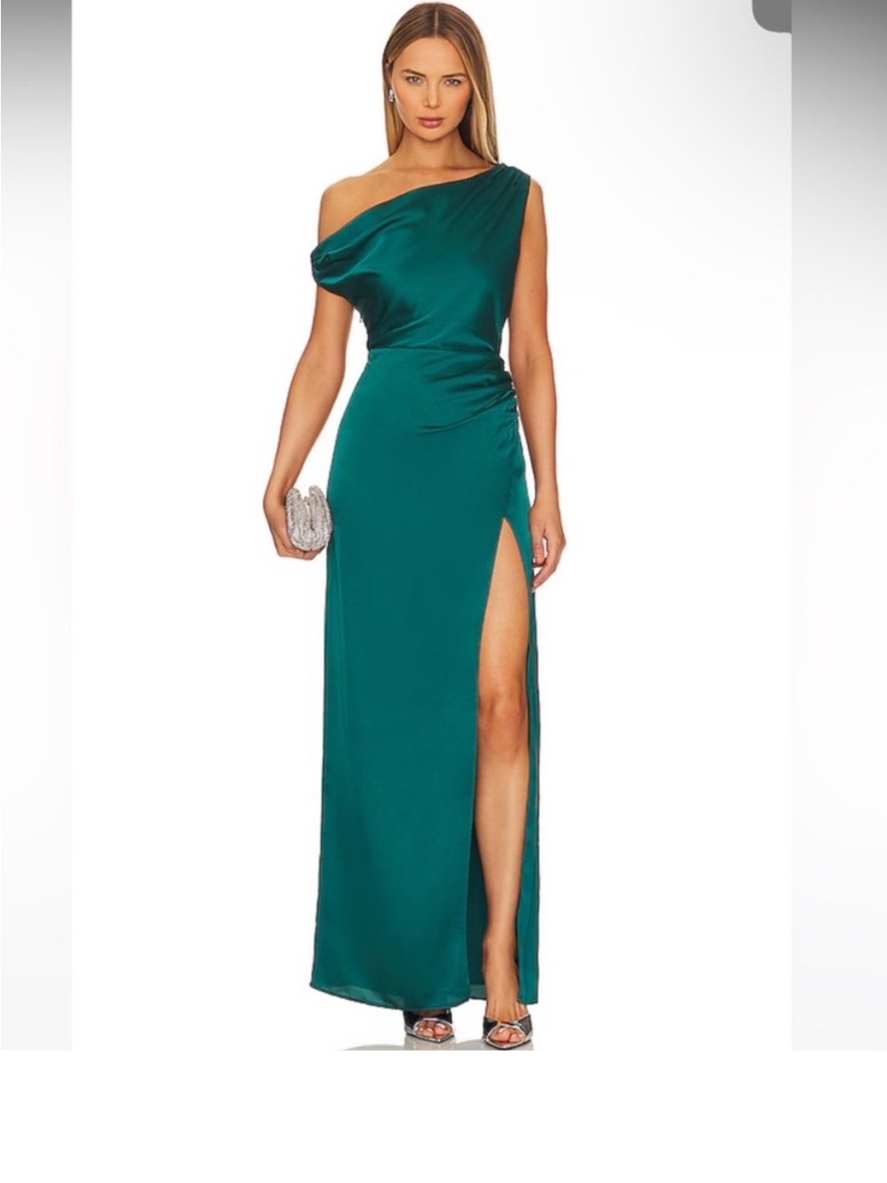 Show Me Your MuMu Emerald Jodie Satin One-Shoulder Evening Gown with Side Slit.